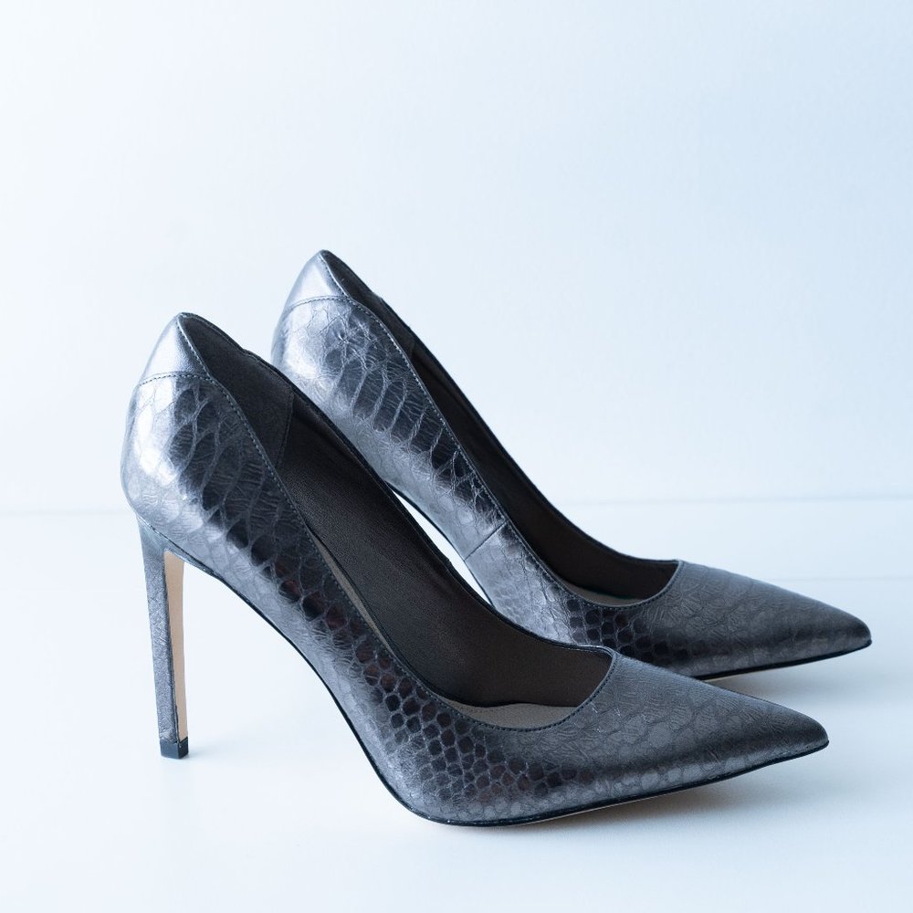 Sam Edelman Metallic Gray Snake-Embossed Pointed Toe Pumps